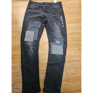 Rue 21 Skinny Arc Jeans Denim Black Patches Mens Size 38 x 32